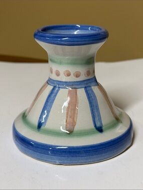 M A Hadley Pottery Candlestick Holder Stoneware Dots Stripes Blue & Pink Signed
